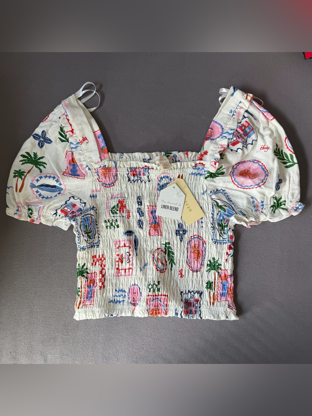 Monteau Women’s Linen Blend Top Palm Trees Summer Size M NWT